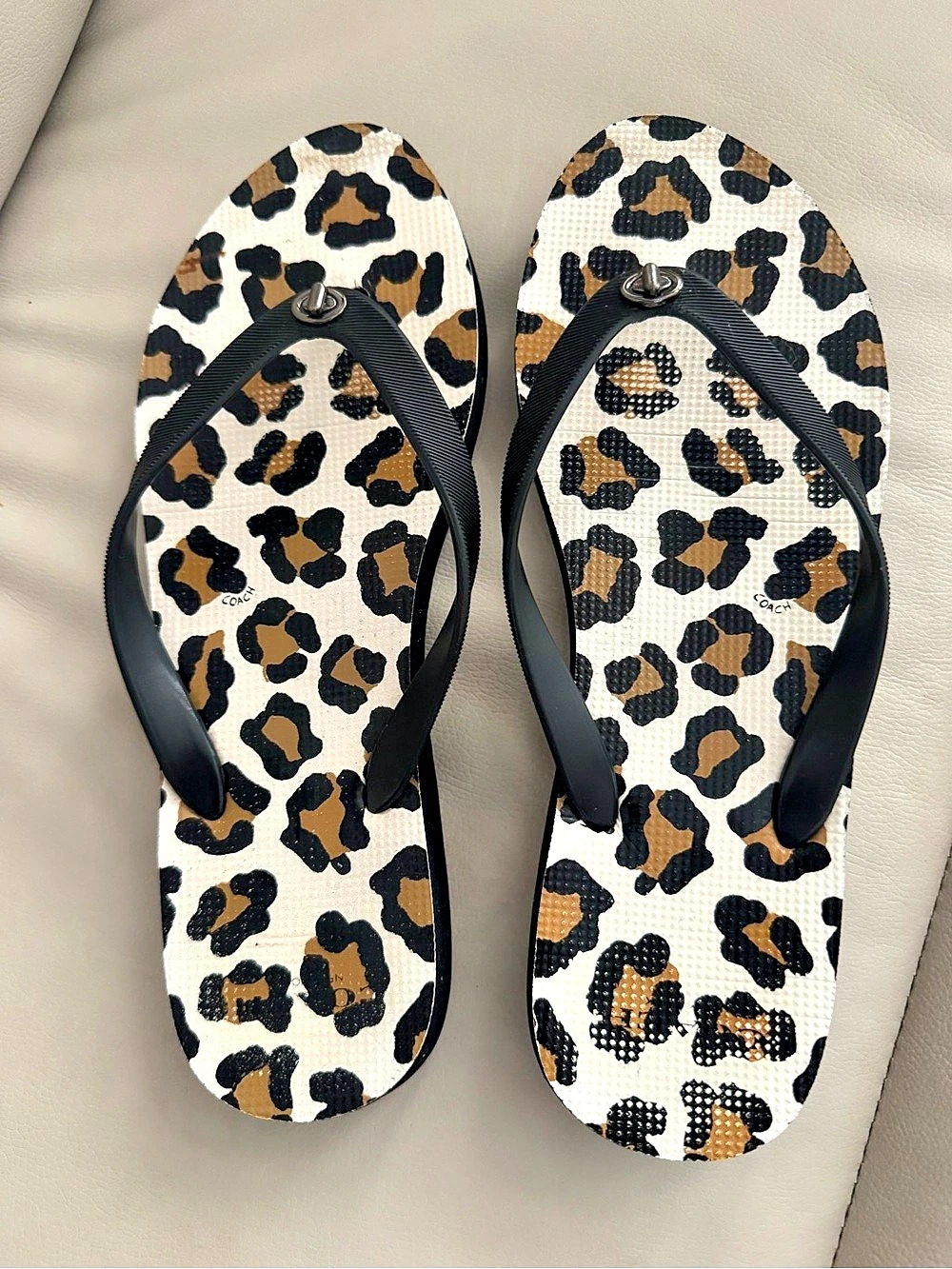 Coach Leopard Print Flip Flop Sandals in Black & Brown
